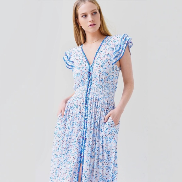 Poupette St Barth Women's Della Midi Dress Size Small S Blue Cerise - Picture 6 of 10